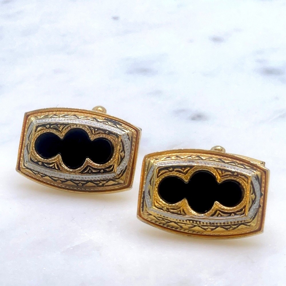 Vintage Damascene Etched Black Gold Tone Stamped Spain Whale Back Cufflinks